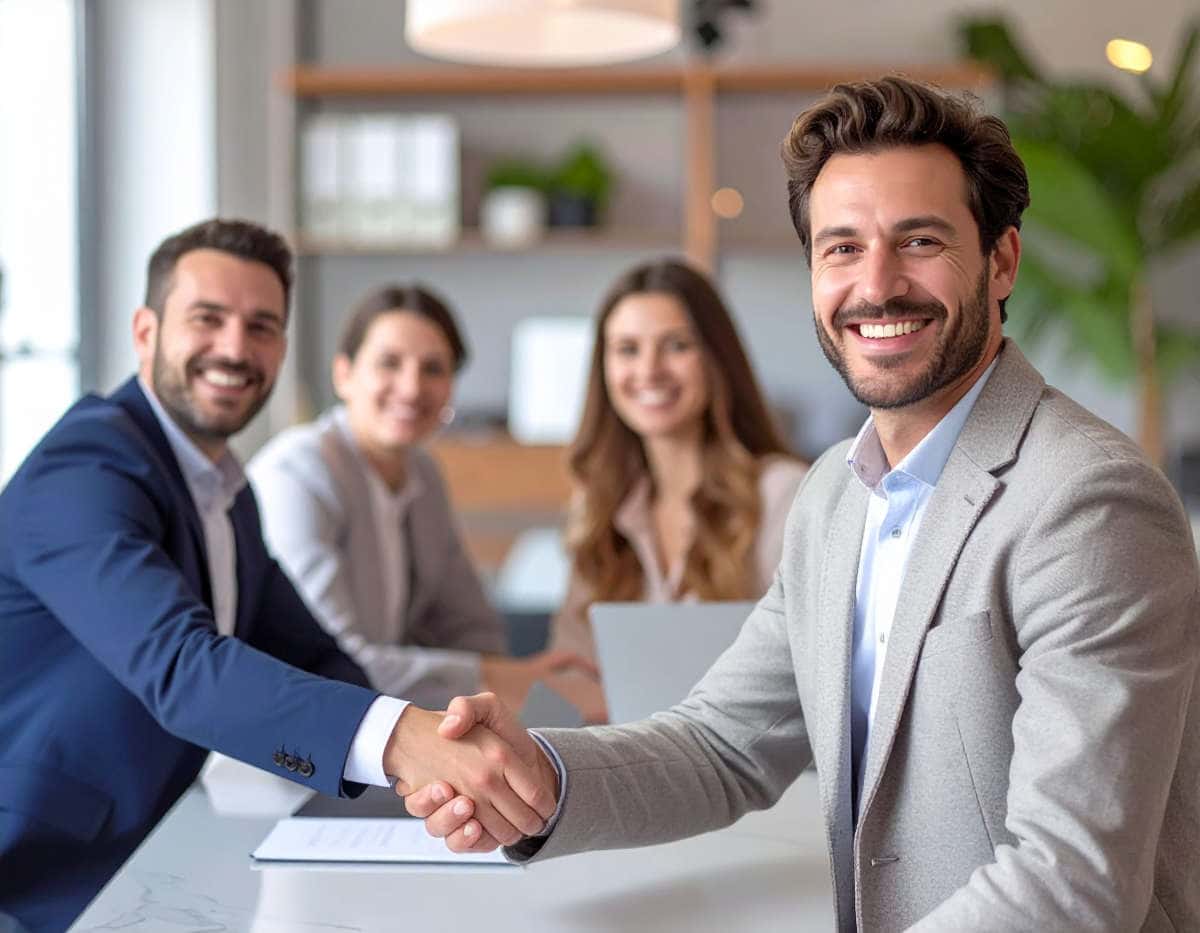 Stretta di mano tra professionisti in ufficio – simbolo di accordo per cessione crediti fiscali