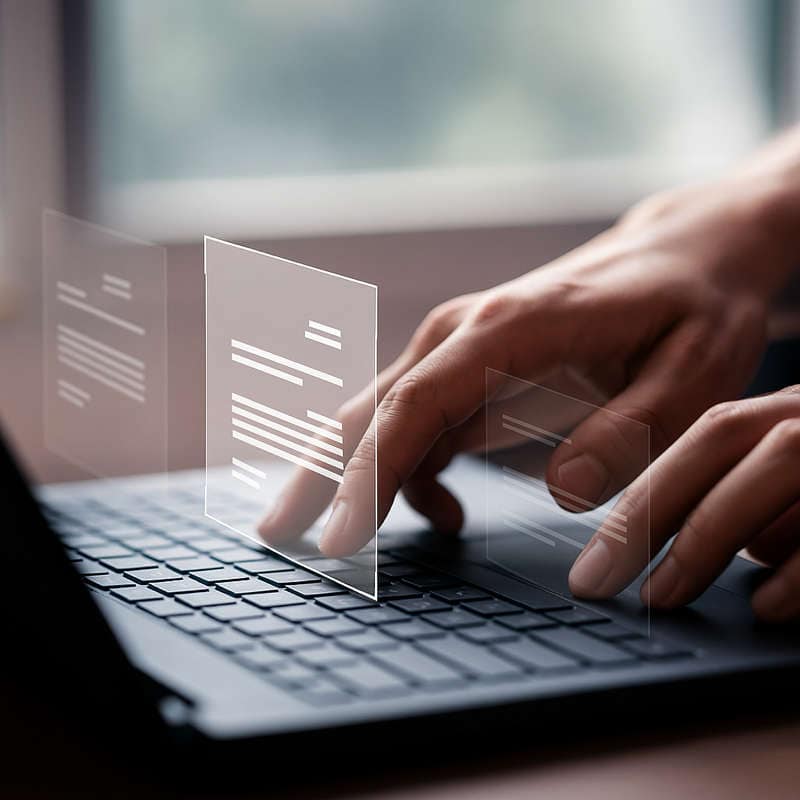 Soluzione: bandi e contributi 1 Mano che digita su laptop con interfacce digitali trasparenti, simbolo di bandi e contributi gestiti online con il supporto di GrifoFinance