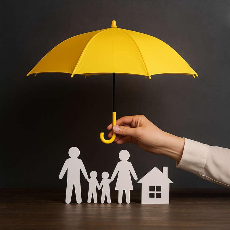 Ombrello giallo che copre sagome di famiglia e casa, simbolo delle coperture assicurative di GrifoFinance per la tutela di persone e beni