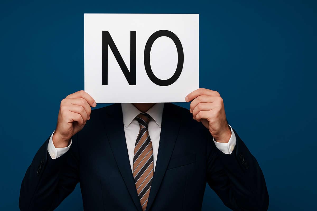 Il valore del no. Uomo in abito formale tiene davanti al volto un cartello con la scritta NO, concetto di rifiuto o negazione in ambito aziendale e decisionale.