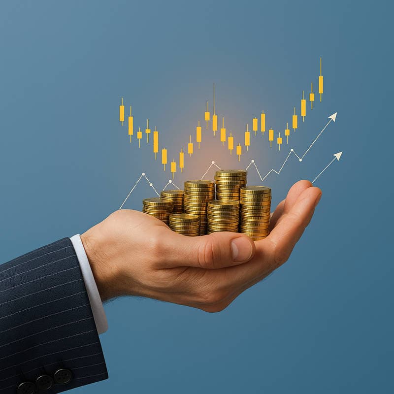 Mano con pile di monete e grafici di crescita - GrifoFinance servizi finanziari per aziende