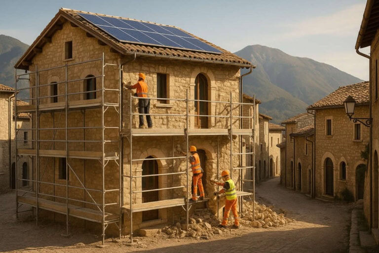 Superbonus 110% 2026 cratere sismico. Ricostruzione di un borgo storico nel cratere sismico con edificio in pietra ristrutturato e pannelli solari sul tetto, esempio di intervento Superbonus 110% 2026.