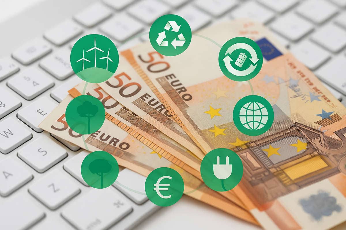 Contributi transizione ESG: banconote da 50 euro su tastiera con icone di sostenibilit&agrave; ed energia