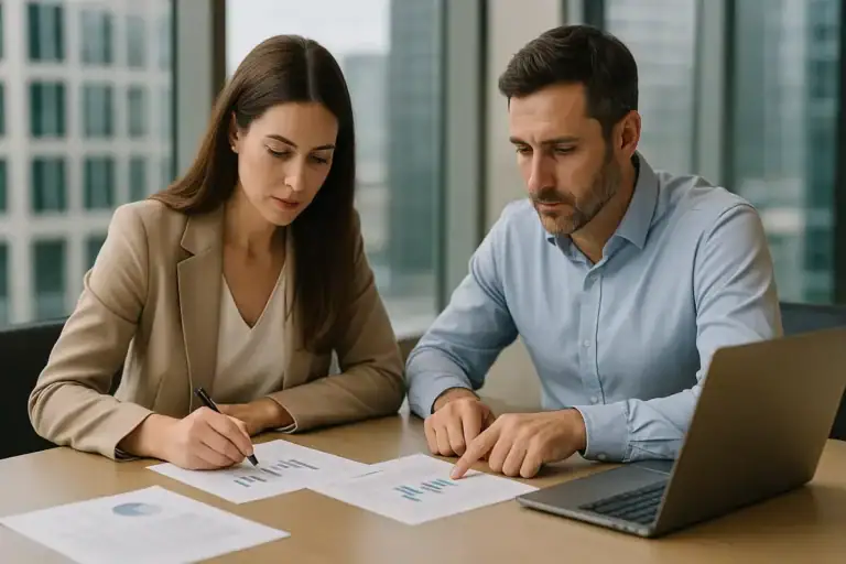 Factoring PMI 2026 &ndash; due professionisti analizzano grafici finanziari e documenti di credito in un ufficio moderno con vista sulla citt&agrave;.