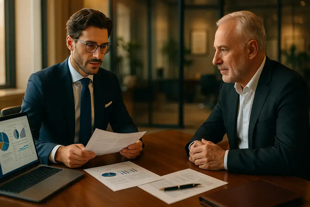 bancabilit&agrave; e consulenza finanziaria in ufficio moderno tra consulente e imprenditore.