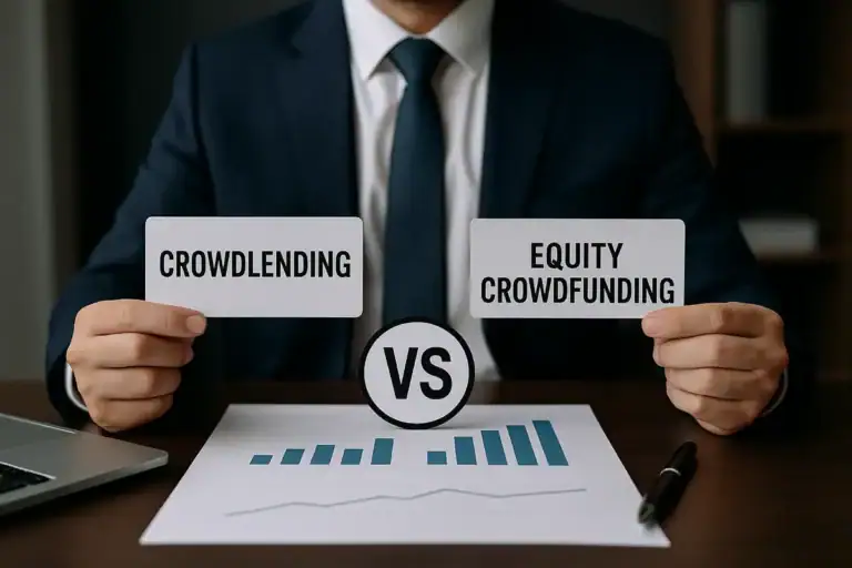 crowdlending vs equity crowdfunding, un consulente valuta due opzioni di finanziamento per PMI davanti a un grafico di analisi.