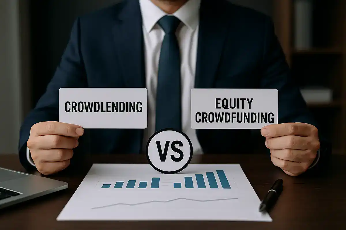 crowdlending vs equity crowdfunding, un consulente valuta due opzioni di finanziamento per PMI davanti a un grafico di analisi.