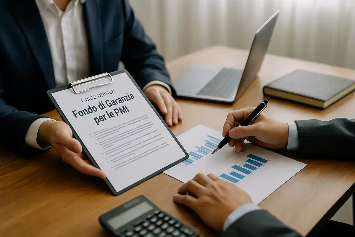 Fondo di garanzia pmi 2026 &ndash; consulenti aziendali analizzano grafici finanziari e documenti di credito in un ufficio moderno.